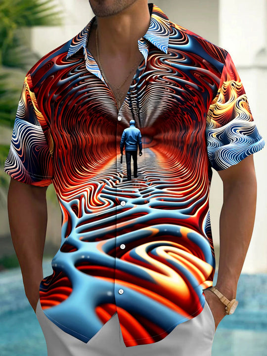 Adaychic Men's Graphic Optical Illusion Waves Print Short Sleeve Shirt with Chest Pocket