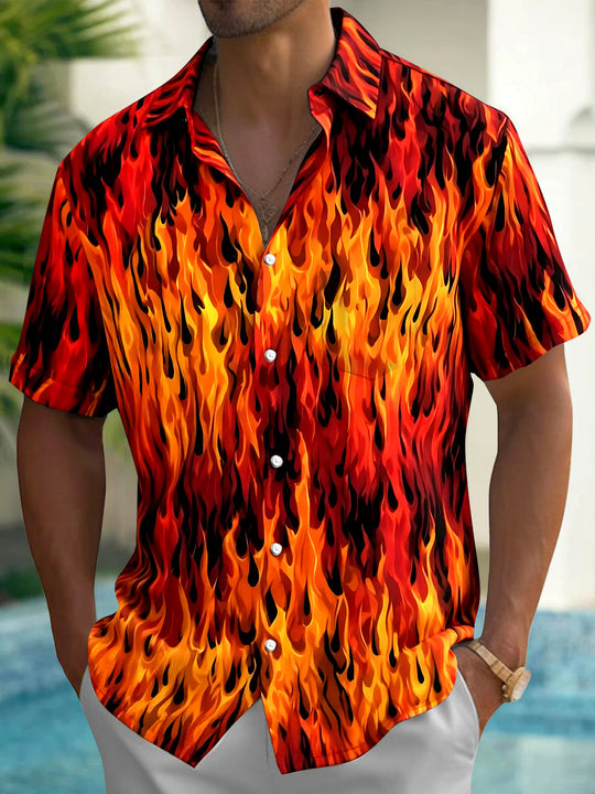 Adaychic Men's Hawaiian Fire Pattern Flames Print Short Sleeve Shirt with Chest Pocket