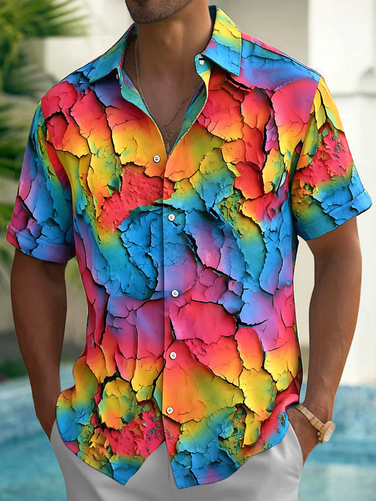 Adaychic Men's Printed Colorful Cracked Texture Print Short Sleeve Shirt with Chest Pocket