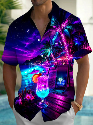 Adaychic Men's Hawaiian Neon Palm Tree Print Short Sleeve Shirt with Chest Pocket