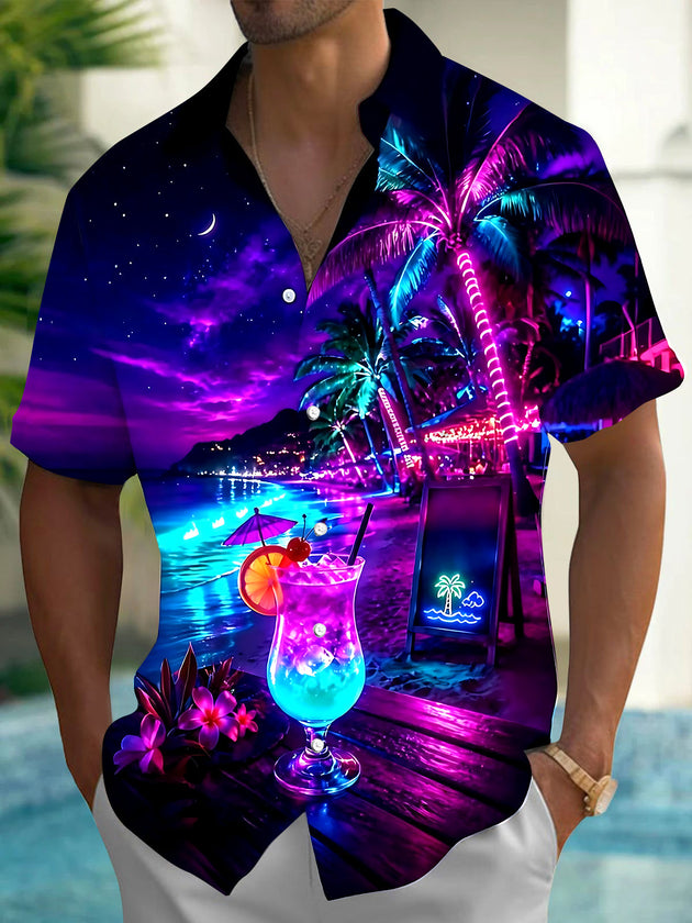 Adaychic Men's Hawaiian Neon Palm Tree Print Short Sleeve Shirt with Chest Pocket