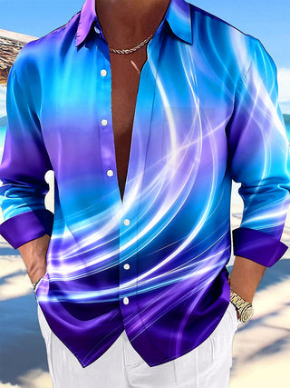 Adaychic Men's Printed Abstract Gradient Waves Print Long Sleeve Shirt with Chest Pocket