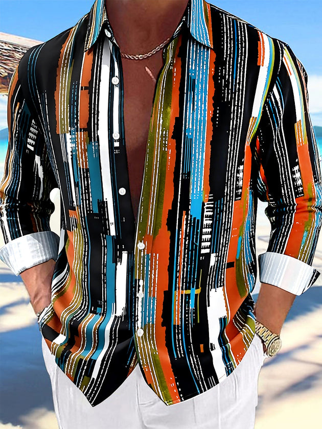 Adaychic Men's Printed Abstract Geometric Stripes Print Long Sleeve Shirt with Chest Pocket