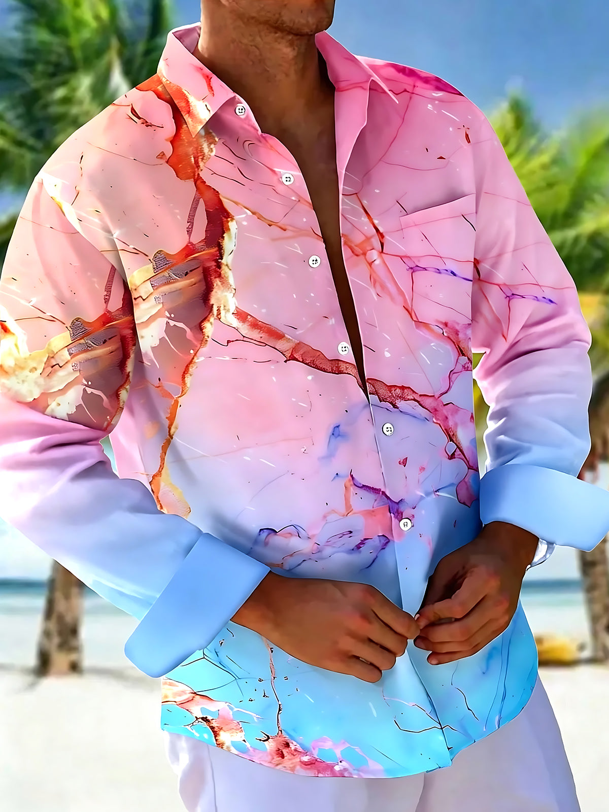 Adaychic Men's Printed Marble Gradient Print Long Sleeve Shirt with Chest Pocket