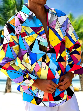 Adaychic Men's Printed Colorful Geometric Shapes Print Long Sleeve Shirt with Chest Pocket