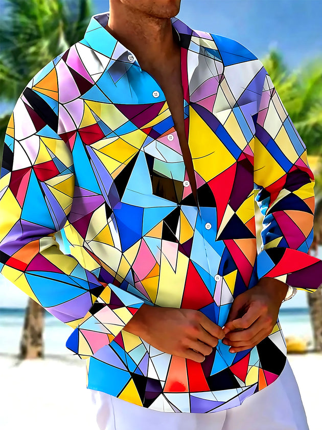 Adaychic Men's Printed Colorful Geometric Shapes Print Long Sleeve Shirt with Chest Pocket