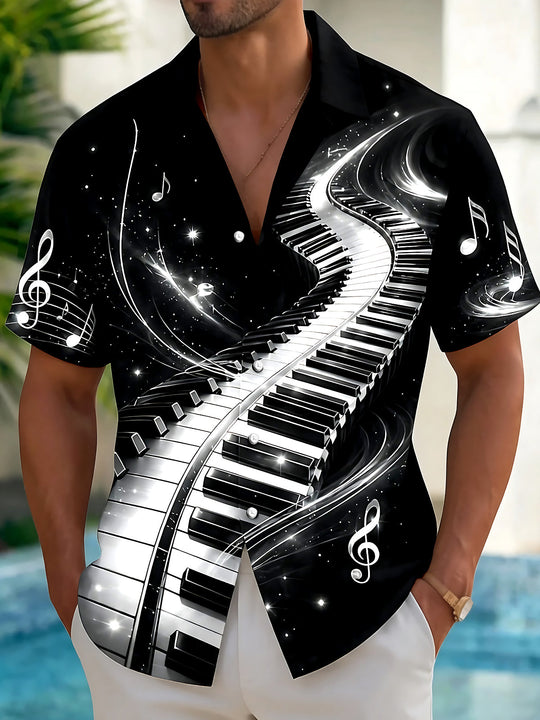 Adaychic Men's Graphic Piano Keyboard Print Short Sleeve Shirt with Chest Pocket