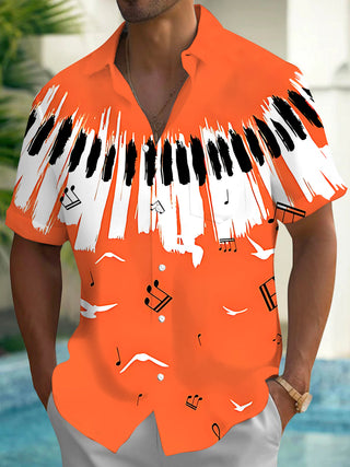 Adaychic Men's Hawaiian Piano Keyboard Print Short Sleeve Shirt with Chest Pocket