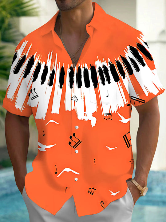 Adaychic Men's Hawaiian Piano Keyboard Print Short Sleeve Shirt with Chest Pocket