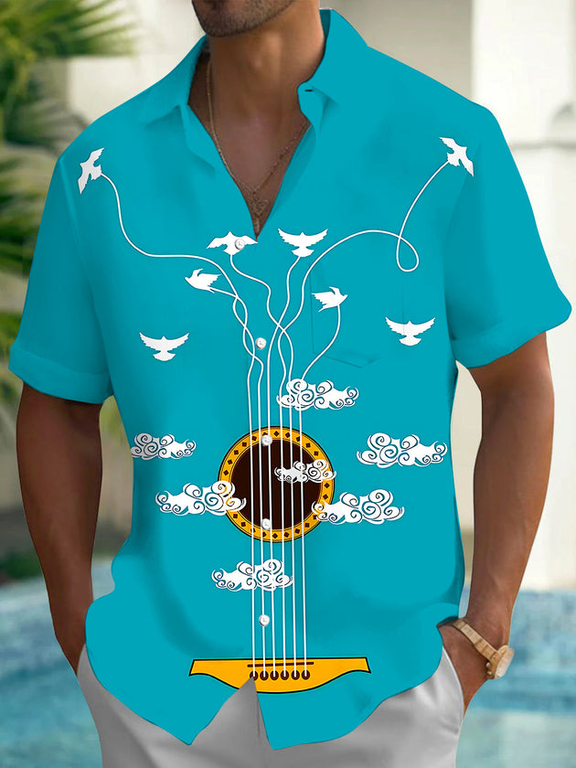 Adaychic Men's Printed Guitar Strings Print Short Sleeve Shirt with Chest Pocket