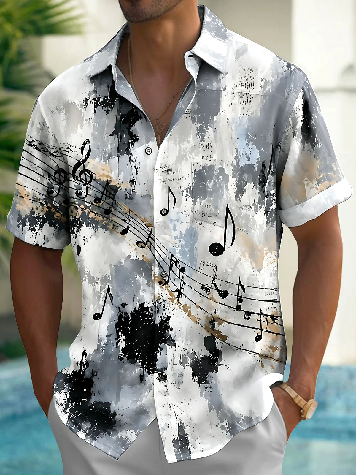 Adaychic Men's Hawaiian Musical Notes Print Short Sleeve Shirt with Chest Pocket