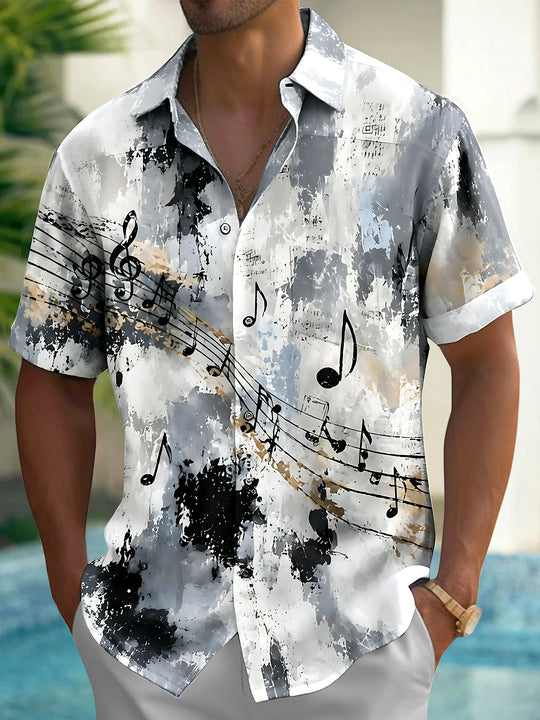 Adaychic Men's Hawaiian Musical Notes Print Short Sleeve Shirt with Chest Pocket