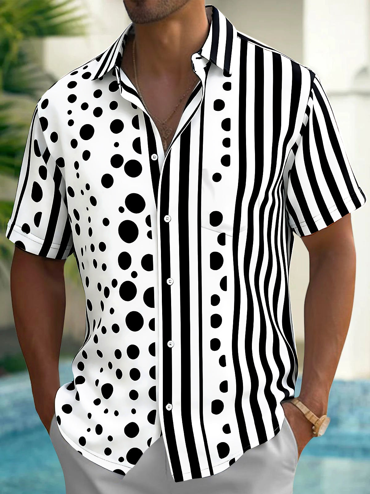 Adaychic Men's Printed Black And White Polka Dots Print Short Sleeve Shirt with Chest Pocket
