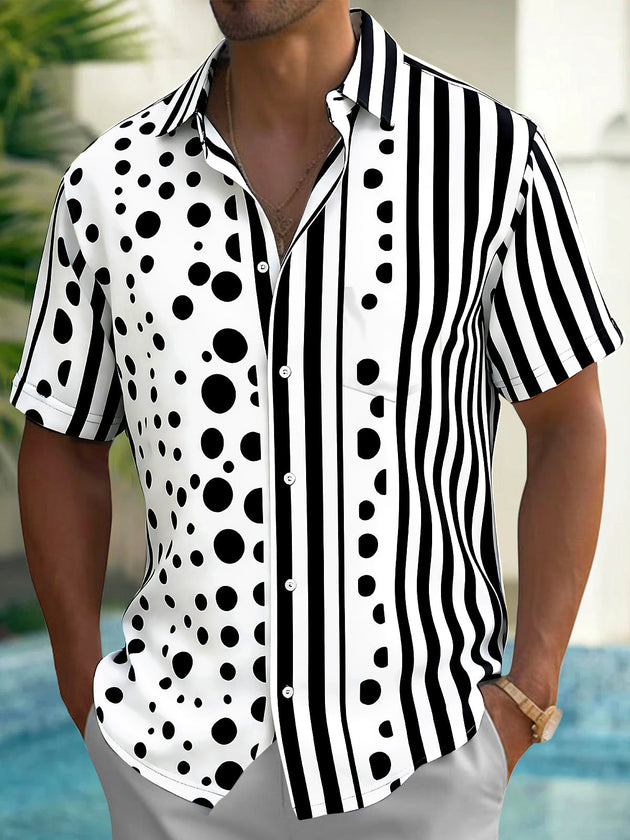 Adaychic Men's Printed Black And White Polka Dots Print Short Sleeve Shirt with Chest Pocket