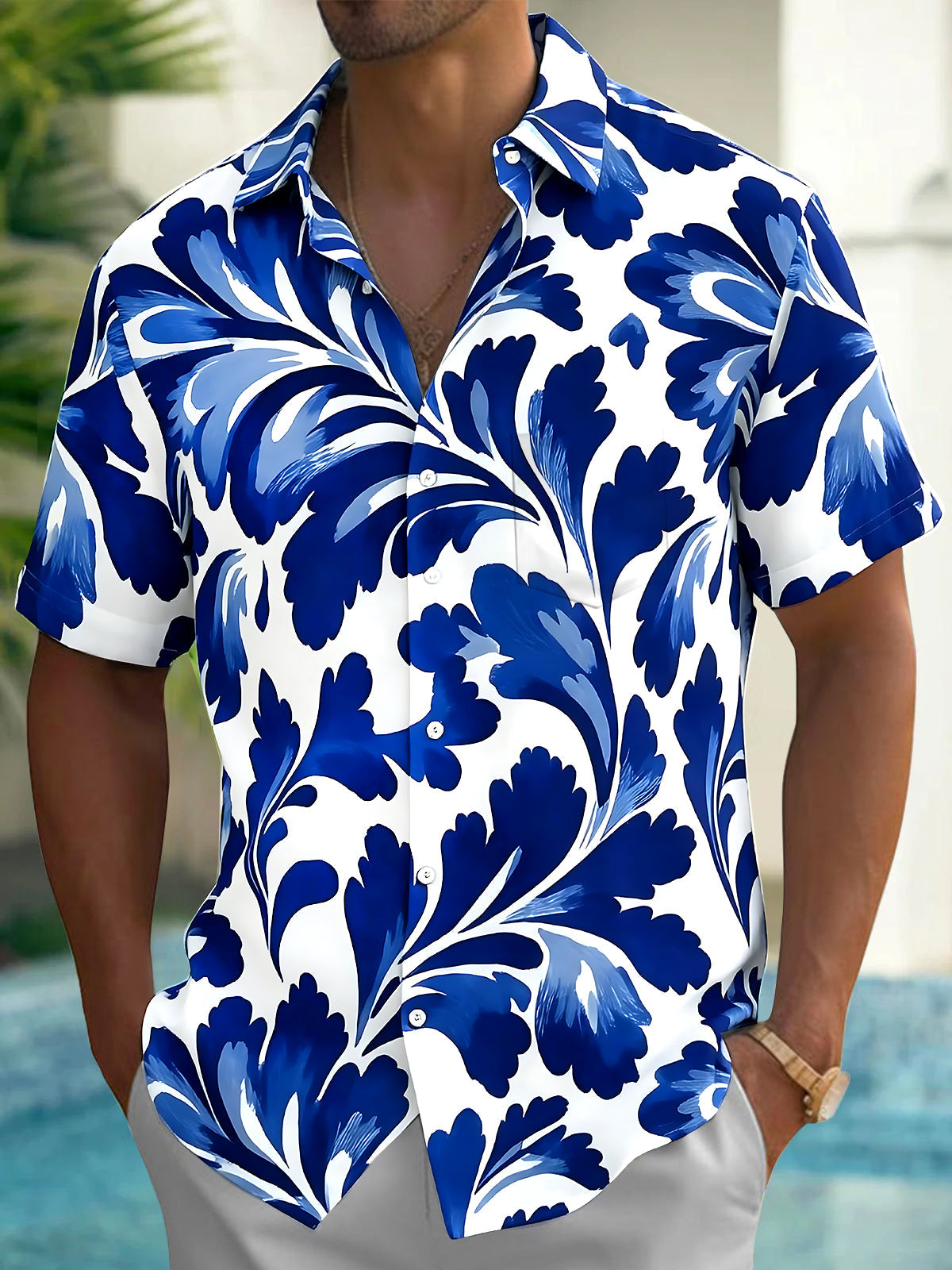 Adaychic Men's Hawaiian Blue Floral Print Short Sleeve Shirt with Chest Pocket