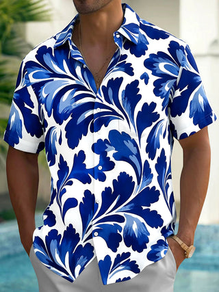 Adaychic Men's Hawaiian Blue Floral Print Short Sleeve Shirt with Chest Pocket