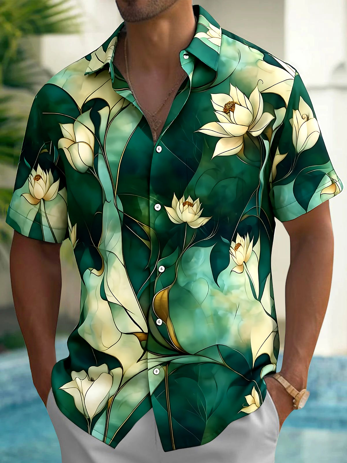 Adaychic Men's Hawaiian White Lotus Flowers Print Short Sleeve Shirt with Chest Pocket