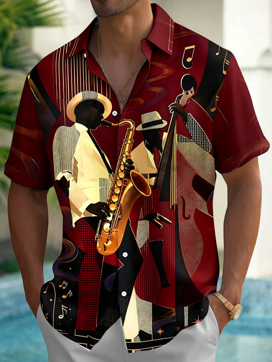 Adaychic Men's Vintage Style Musical Notes Print Short Sleeve Shirt with Chest Pocket