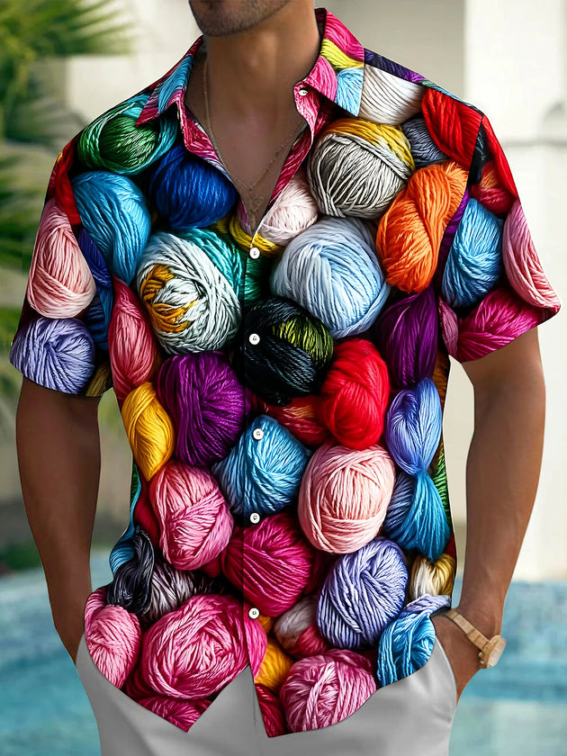 Adaychic Men's Printed Colorful Yarn Balls Print Short Sleeve Shirt with Chest Pocket