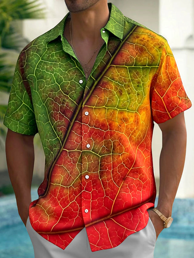 Adaychic Men's Printed Leaf Vein Pattern Gradient Leaf Print Short Sleeve Shirt with Chest Pocket