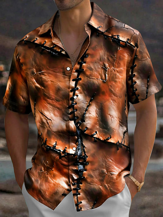 Adaychic Men's Vintage Style Leather Patchwork Print Short Sleeve Shirt with Chest Pocket