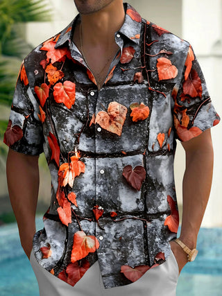Adaychic Men's Printed Autumn Leaves On Stone Wall Print Short Sleeve Shirt with Chest Pocket