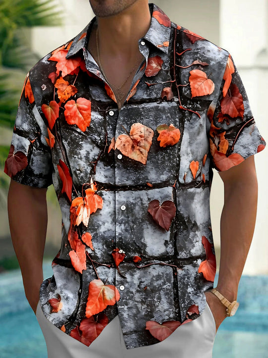Adaychic Men's Printed Autumn Leaves On Stone Wall Print Short Sleeve Shirt with Chest Pocket