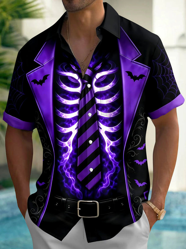 Adaychic Men's Graphic Skeleton Ribcage Print Short Sleeve Shirt with Chest Pocket