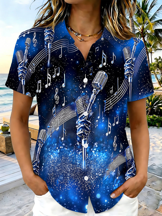 Adaychic Women's Graphic Microphone Print Music Notes Print Short Sleeve Shirt