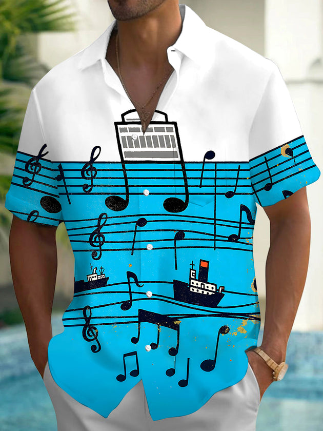 Adaychic Men's Graphic Musical Notes On Staff Print Short Sleeve Shirt with Chest Pocket