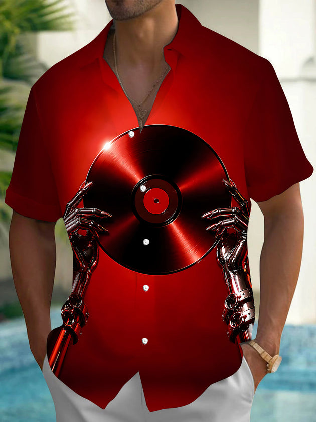 Adaychic Men's Graphic Vinyl Record Print Robot Hands Print Short Sleeve Shirt with Chest Pocket