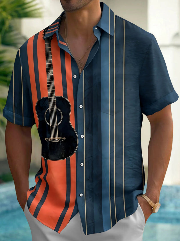 Adaychic Men's Striped Guitar Print Vertical Stripes Print Short Sleeve Shirt with Chest Pocket