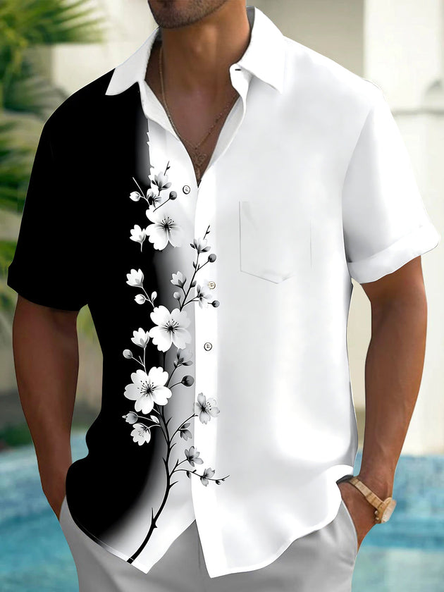 Adaychic Men's Floral Black And White Floral Branch Print Short Sleeve Shirt with Chest Pocket