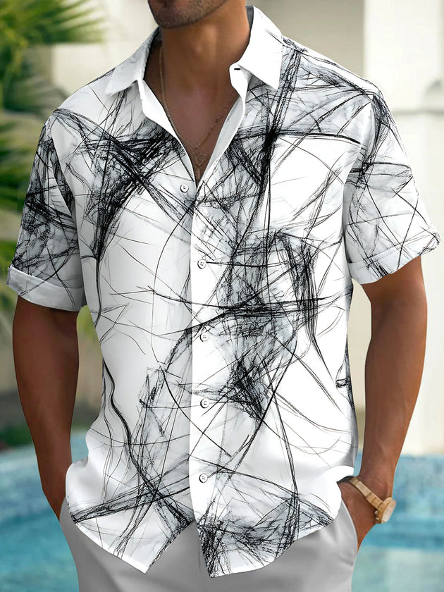 Adaychic Men's Printed Abstract Black Scribble Lines Print Short Sleeve Shirt with Chest Pocket