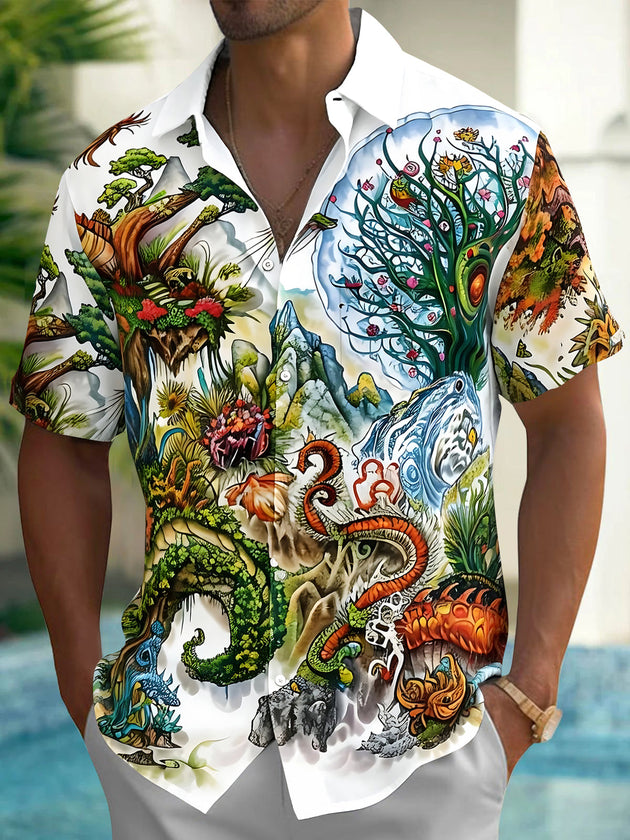 Adaychic Men's Hawaiian Fantasy Landscape Print Short Sleeve Shirt with Chest Pocket