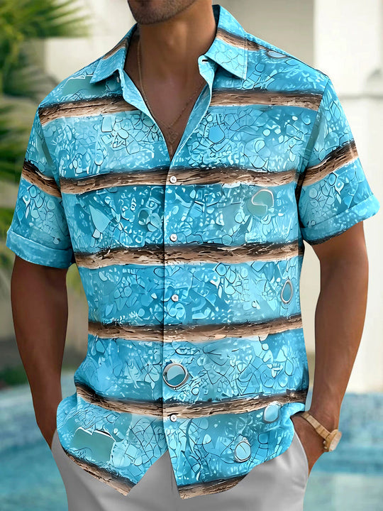 Adaychic Men's Hawaiian Blue Water Texture Print Short Sleeve Shirt with Chest Pocket