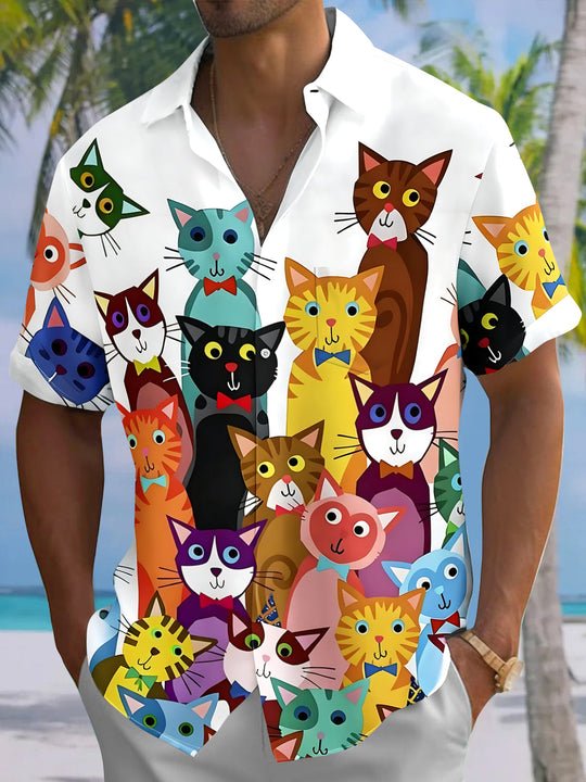 Adaychic Men's Hawaiian Colorful Cartoon Cats Print Short Sleeve Shirt with Chest Pocket
