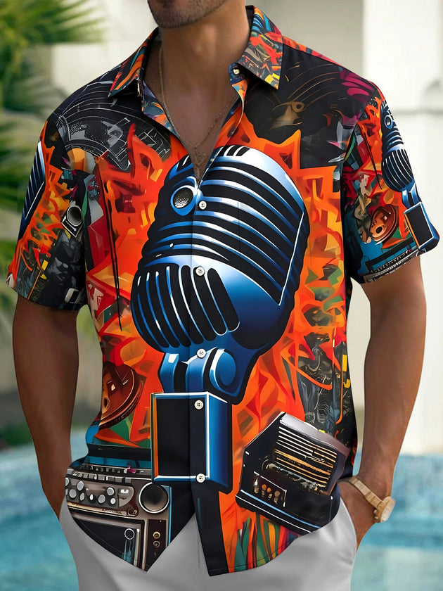 Adaychic Men's Graphic Abstract Fire Background Print Short Sleeve Shirt with Chest Pocket