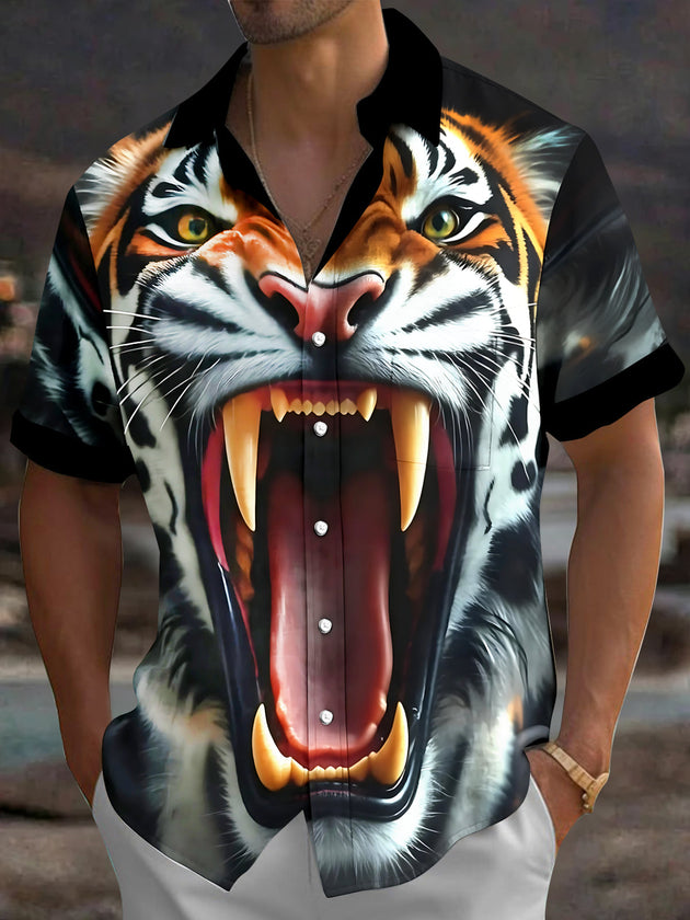 Adaychic Men's Graphic Pattern Print Short Sleeve Shirt with Chest Pocket
