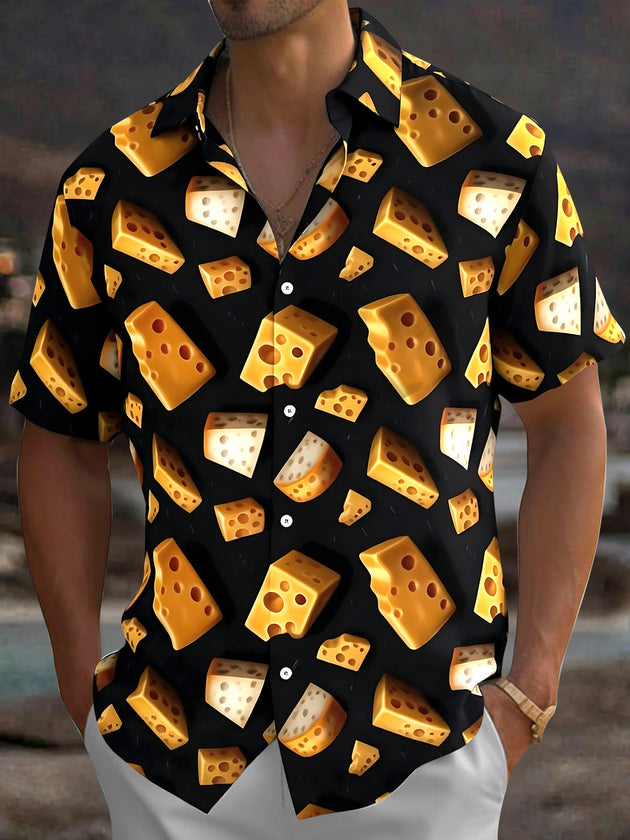 Adaychic Men's Hawaiian Cheese Print Cheese Wedges Print Short Sleeve Shirt with Chest Pocket