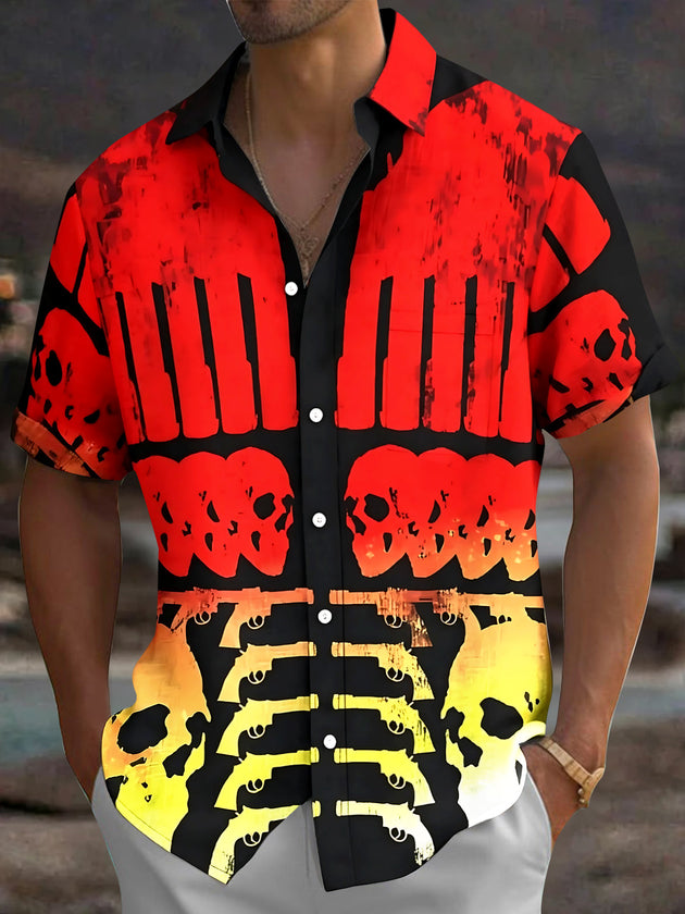 Adaychic Men's Graphic Skull Print Skeleton Design Print Short Sleeve Shirt with Chest Pocket