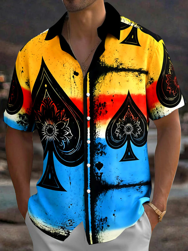 Adaychic Men's Hawaiian Spade Card Suit Print Short Sleeve Shirt with Chest Pocket