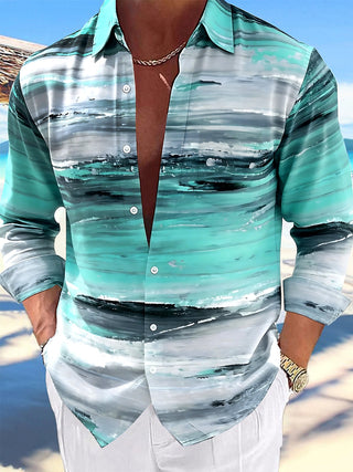 Adaychic Men's Printed Abstract Ocean Waves Print Long Sleeve Shirt with Chest Pocket