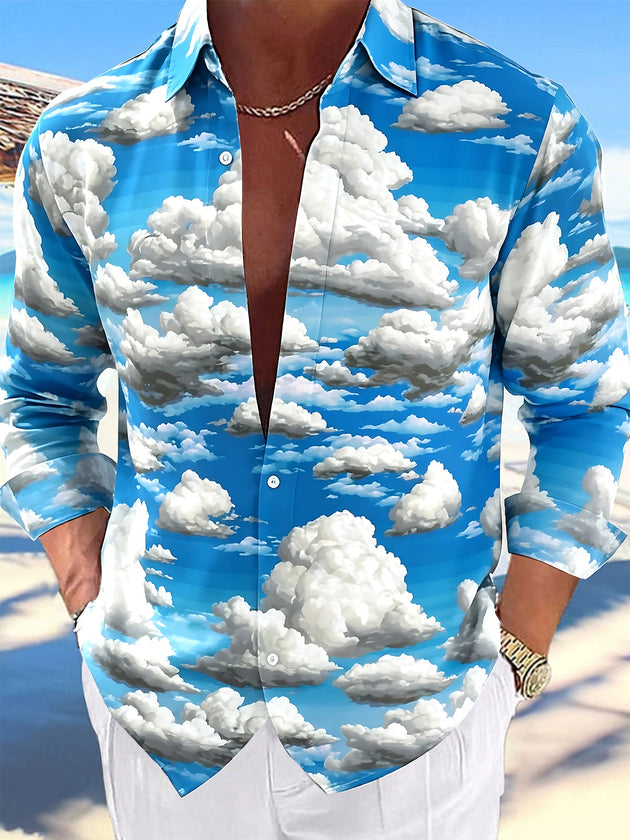 Adaychic Men's Hawaiian Cloudy Sky Print Long Sleeve Shirt with Chest Pocket