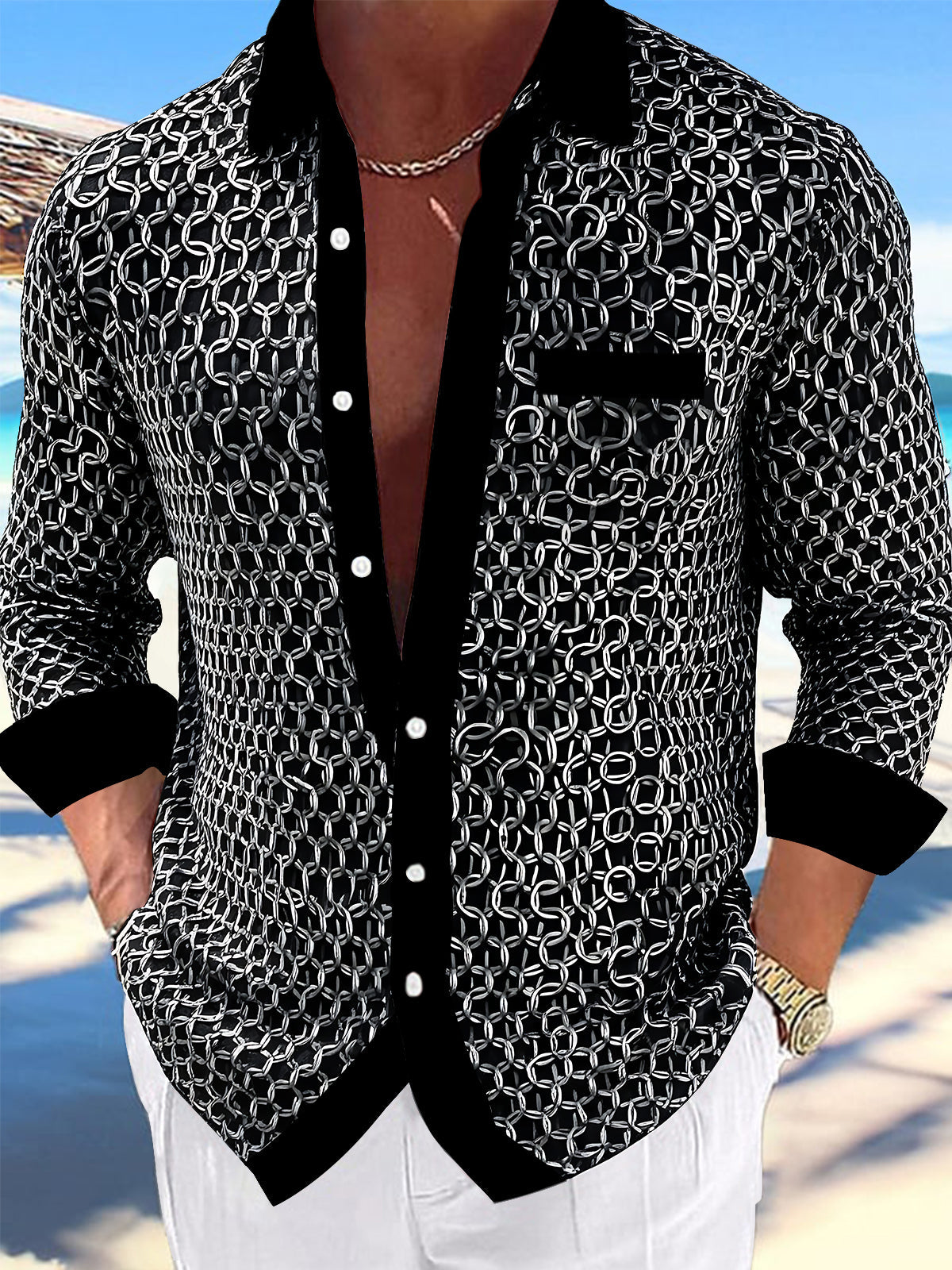 Adaychic Men's Printed Chain Link Pattern Long Sleeve Shirt with Chest Pocket