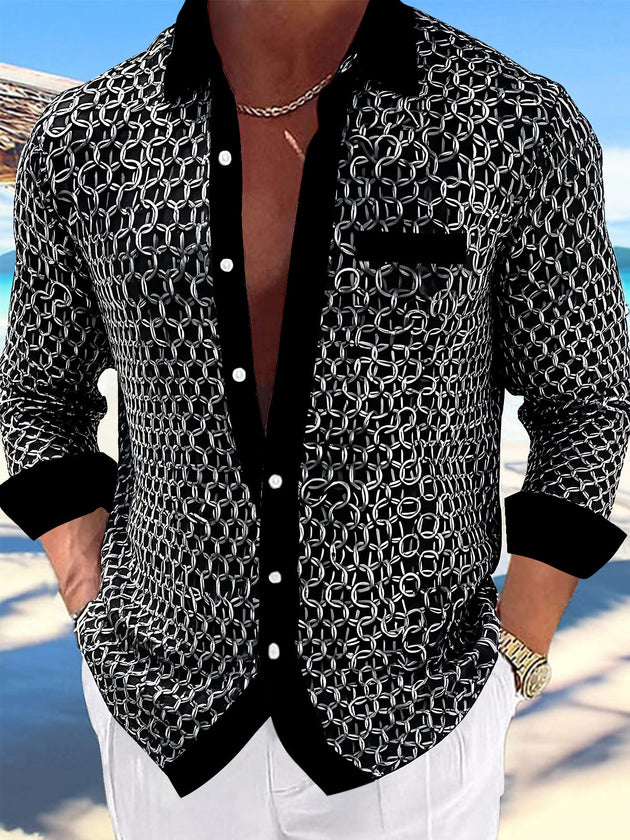 Adaychic Men's Printed Chain Link Pattern Long Sleeve Shirt with Chest Pocket