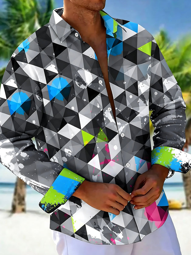 Adaychic Men's Printed Geometric Triangle Pattern Long Sleeve Shirt with Chest Pocket
