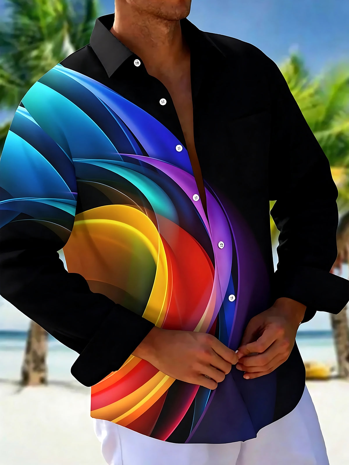Adaychic Men's Printed Colorful Abstract Waves Print Long Sleeve Shirt with Chest Pocket