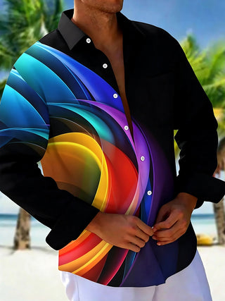 Adaychic Men's Printed Colorful Abstract Waves Print Long Sleeve Shirt with Chest Pocket