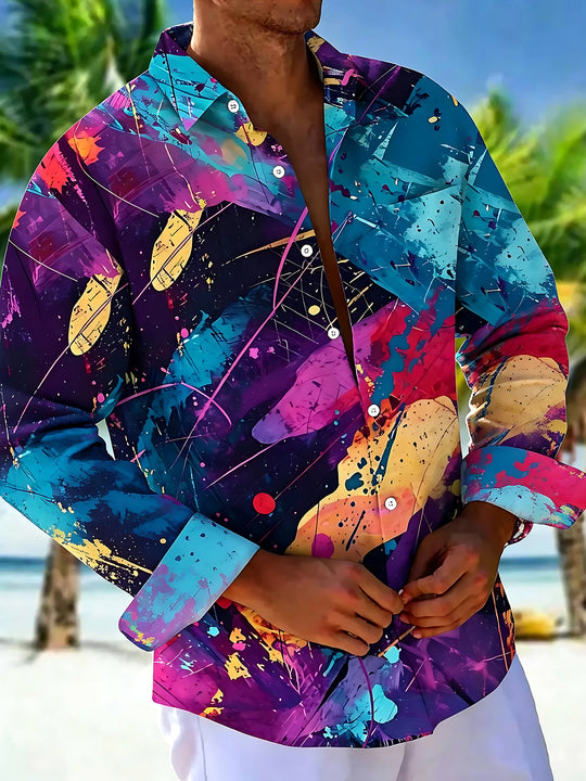 Adaychic Men's Tie Dye Colorful Abstract Paint Splatter Print Long Sleeve Shirt with Chest Pocket